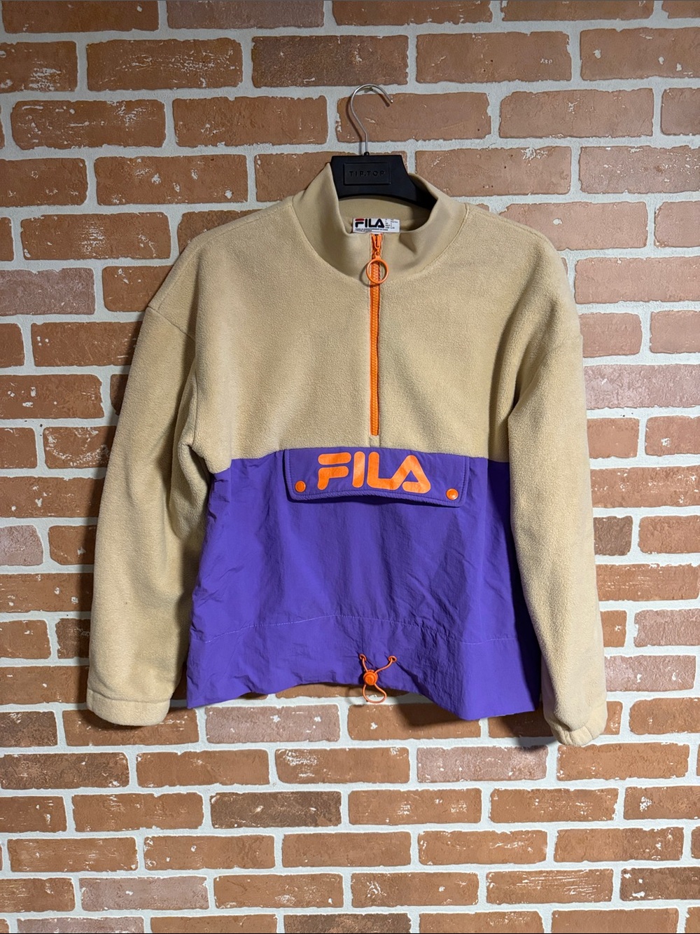 FILA Beige and Purple Half-Zip Puffer Pullover with Orange Accents
